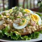 A close-up view of a creamy tuna egg salad on a plate.