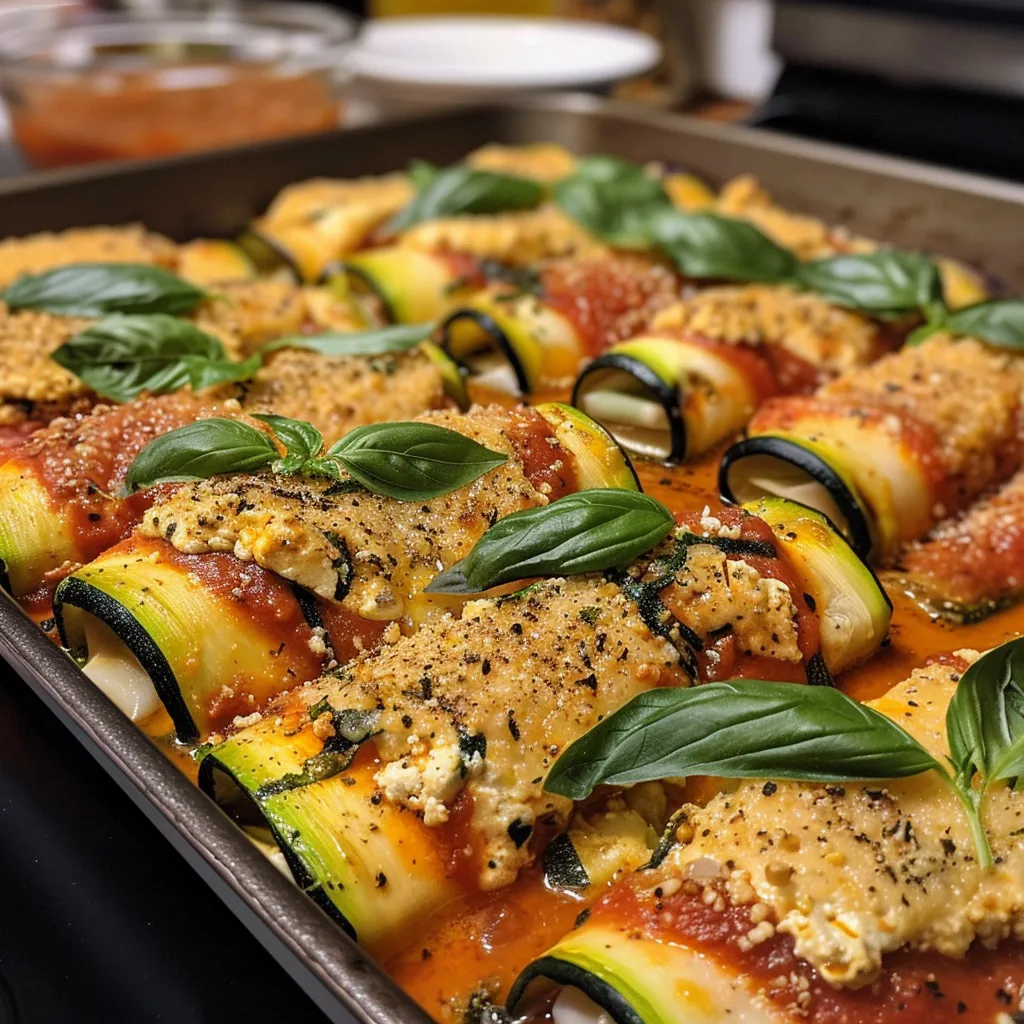 Side view of Vegan Zucchini Rollatini on a plate garnished with basil.