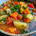 Close-up view of a bowl of vibrant vegetable soup with colorful vegetables.