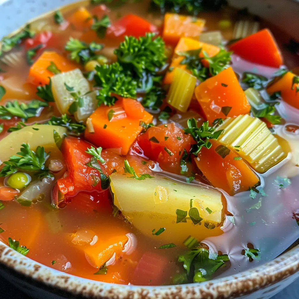 Close-up view of a bowl of vibrant vegetable soup with colorful vegetables.