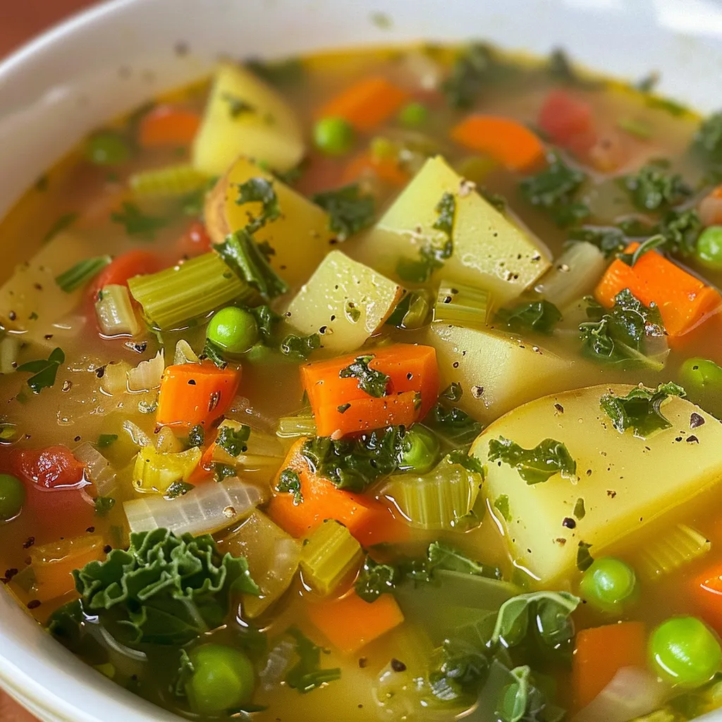 Side view of a steaming bowl of vegetable soup garnished with fresh herbs.
