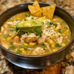 Close-up view of a bowl of creamy White Chicken Chili topped with cilantro and shredded cheese.