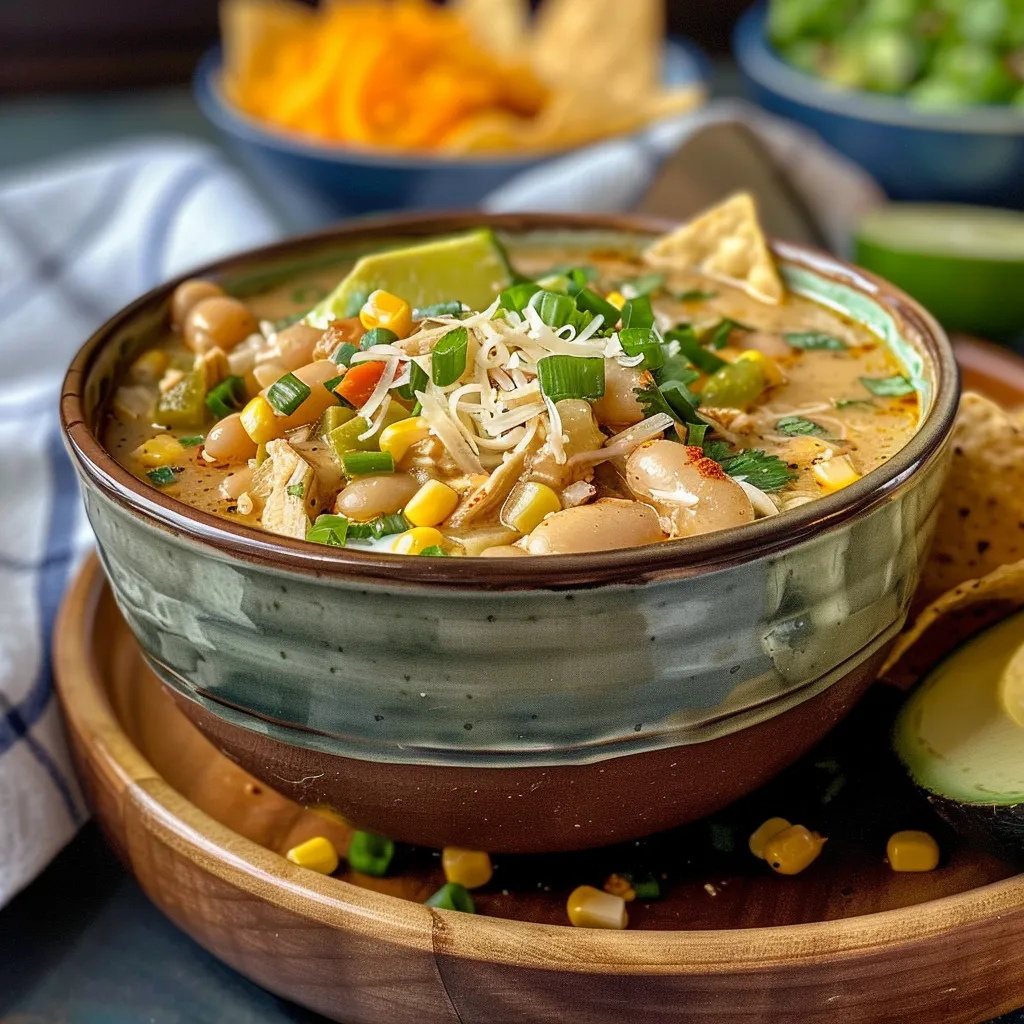 Side view of White Chicken Chili with chunks of chicken, corn, and diced green chilies visible.