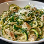 A close-up of Zucchini Noodle Chicken Alfredo served in a bowl, showcasing the creamy texture and colorful vegetables.