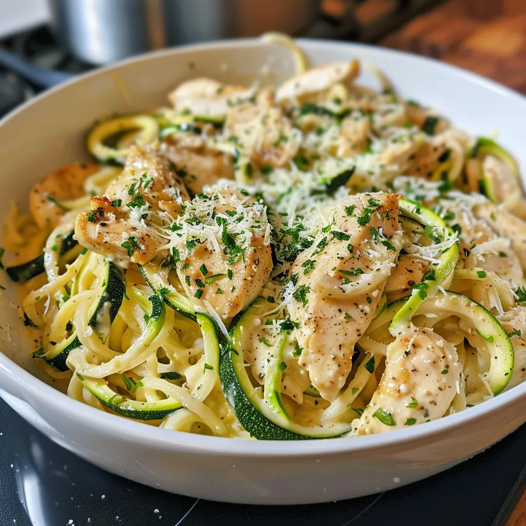 Side view of a plate of Zucchini Noodle Chicken Alfredo, highlighting juicy chicken and fresh parsley garnish.