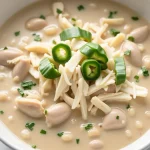 Close-up shot of healthy white chicken chili in a bowl, garnished with cilantro and peppers.