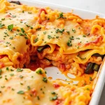 Close-up of a slice of vegetarian lasagna topped with melted mozzarella and fresh vegetables.