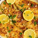 Close-up of a plated lemon chicken dish garnished with parsley and drizzled with lemon butter sauce.