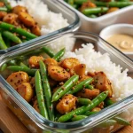 Close-up of cooked chicken breast with green beans, garnished with lemon.