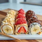 Close-up of Banana Sushi wrapped in nut butter, topped with oats and chocolate chips.