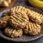 Close-up of warm, golden-brown banana bread cookies with a soft texture, featuring oats and a slight shine.