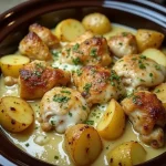 Close-up of Garlic Parmesan Crockpot Chicken and Potatoes garnished with parsley.