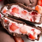 Close-up view of chocolate-dipped strawberry yogurt clusters with a blurred background.