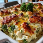 Close-up of a creamy broccoli chicken casserole with melted cheese and broccoli.