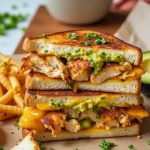 Close-up of a Chicken Avocado Melt Sandwich with melted cheese and fresh avocado on toasted bread.