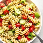 Close-up of a vibrant pasta salad with Italian dressing, featuring colorful vegetables and mozzarella.