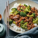 Close-up shot of Beef and Broccoli stir-fry, showcasing tender beef and vibrant broccoli in a glossy sauce.