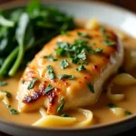 Close-up of creamy chicken dish with spinach in a bowl.