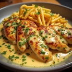 Close-up of a Garlic Parmesan Chicken Fillet garnished with parsley, showcasing creamy texture and vibrant seasoning.