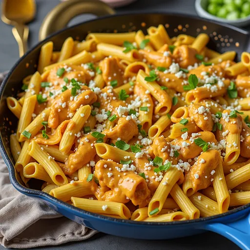 A close-up view of creamy buffalo chicken pasta garnished with green onions, showcasing its rich textures.