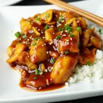 Close-up of a plated Instant Pot Honey Garlic Chicken with a glossy sauce and garnished with sesame seeds and green onions.