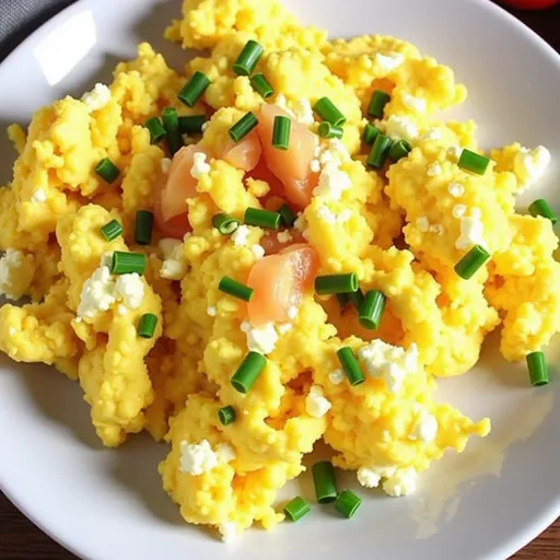 Close-up of fluffy scrambled eggs mixed with cottage cheese, softly lit by natural light.