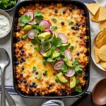 Close-up of a Black Bean Quinoa Enchilada Bake topped with melted cheese and cilantro.