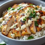 Close-up of a Chicken & Rice Bowl topped with creamy garlic sauce and parsley.