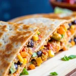 Close-up of Vegetarian Quesadillas filled with black beans and sweet potato, garnished with fresh cilantro.