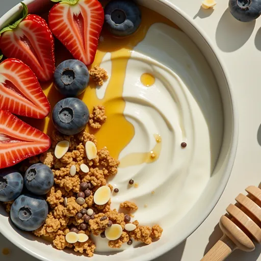 Close-up of a Greek Yogurt Breakfast Bowl topped with granola and mixed berries.