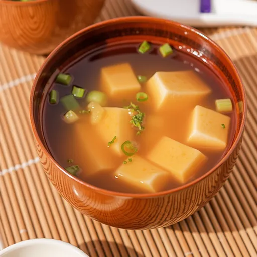 Close-up shot of steaming miso soup with tofu and green onions in a bowl.
