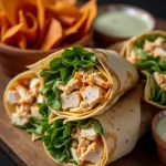 Close-up of a high protein buffalo chicken wrap filled with shredded chicken, buffalo sauce, and fresh vegetables.