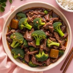 A close-up of a delicious Beef and Broccoli dish, featuring tender beef slices and vibrant green broccoli in a glossy sauce.