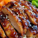 A close-up of a vibrant Sticky Chicken Rice Bowl with chicken, broccoli, and carrots over brown rice, beautifully illuminated.