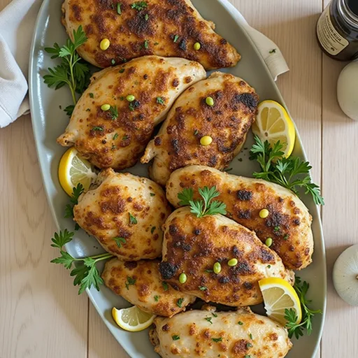 Unleash the Flavor: The Yogurt Marinated Chicken That Dares You to Savor Every Bite Close-up of a yogurt marinated chicken cutlet with golden-brown sear, garnished with fresh parsley.