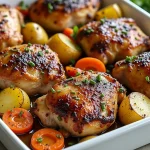 Close-up of roasted chicken thighs with carrots and potatoes on a rustic plate.