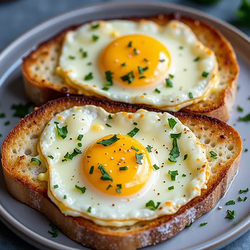 The Morning Toast That Packs a Flavor Punch Close-up of a golden-brown Air Fryer Egg & Cheese Toast with a runny egg yolk and melted cheese.