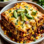 Close-up view of a vegetarian enchilada casserole with melted cheese and fresh cilantro on top.