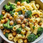 Close-up of Broccoli Chickpea Pasta with vibrant green broccoli and golden chickpeas.