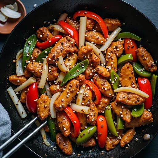 Close-up shot of Black Pepper Chicken on a plate, highlighting its glossy texture and vibrant colors.