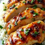 Close-up of Honey Garlic Chicken Breasts on a plate, glistening with sauce and garnished with green onions.