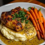 Close-up of a Garlic Herb Chicken breast served with sliced carrots on a white plate.