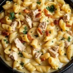 A close-up shot of creamy chicken pasta with herbs, highlighting its rich texture and garnished with parsley.