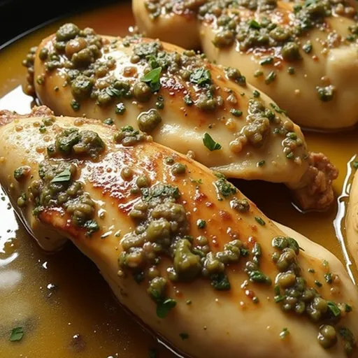 Close-up of tender Instant Pot chicken garnished with parsley.