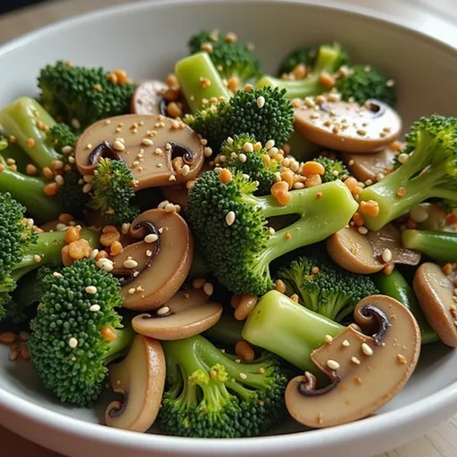 Close-up of a vibrant vegan broccoli and mushroom stir fry in a bowl.