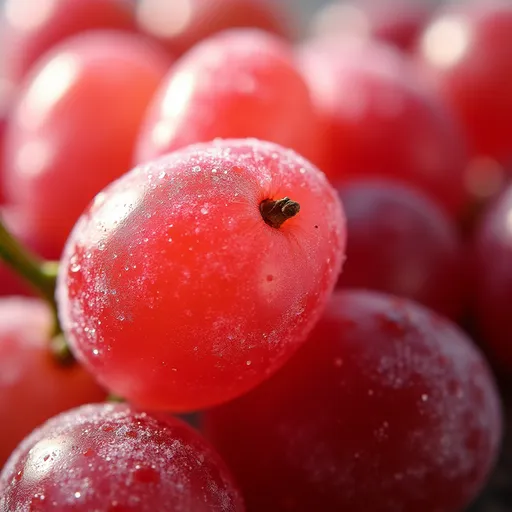 Close-up of frozen grapes coated in sour candy powder, with a soft blurred background.