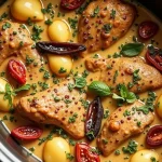 Close-up of tender chicken breasts in creamy sun-dried tomato sauce, garnished with fresh basil.