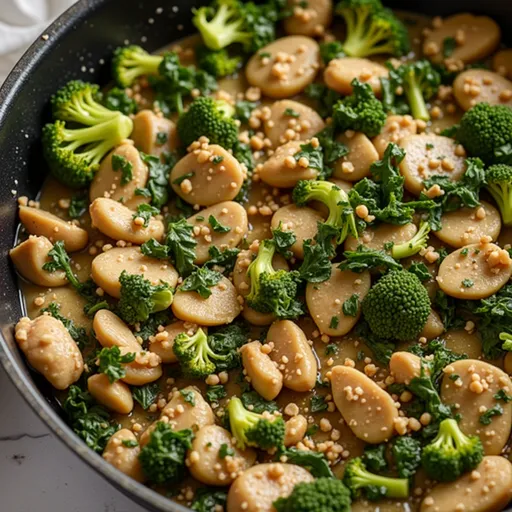 A close-up of keto garlic chicken served with broccoli and spinach, showcasing vibrant colors and textures.