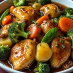 Close-up of Slow Cooker Honey Garlic Chicken with vibrant vegetables in a dish.