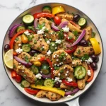 Close-up of a colorful Mediterranean Chicken Stir Fry with vibrant vegetables and chicken pieces.